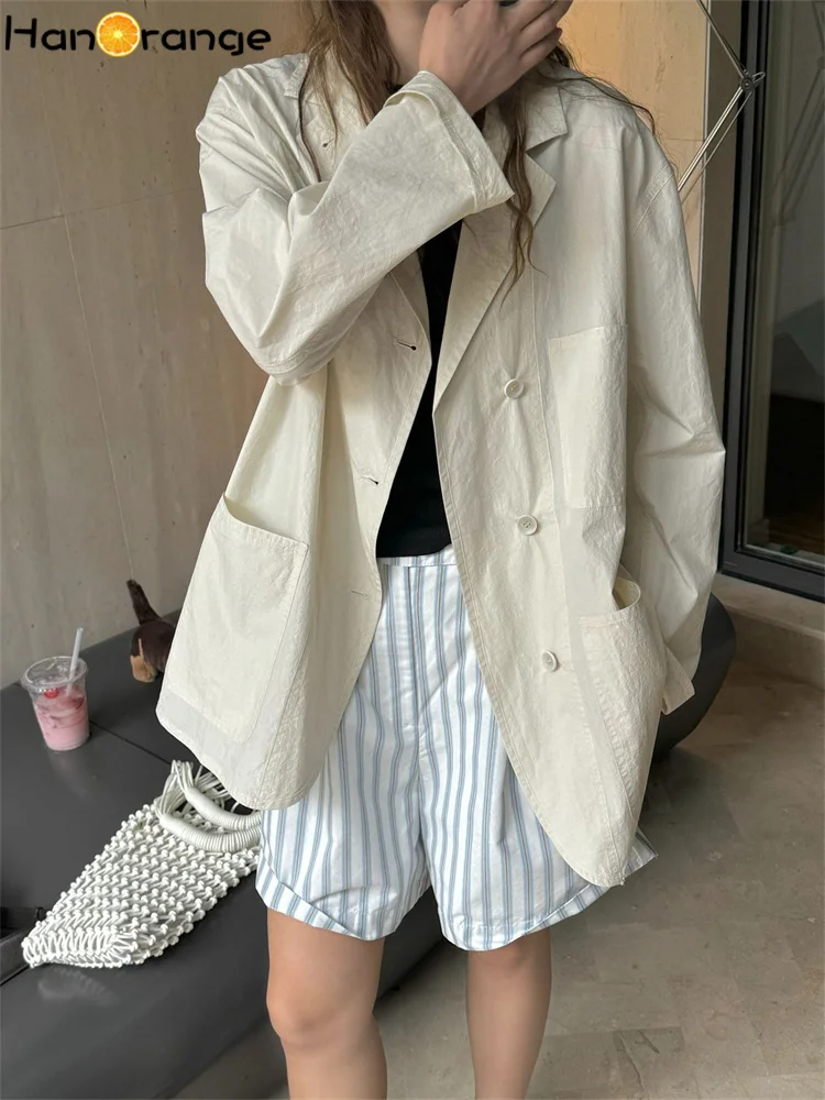 

HanOrange 2024 Summer Fashion Silhouette Sunscreen Suit Jacket Women Loose Comfortable Casual Pure Cotton Blazer