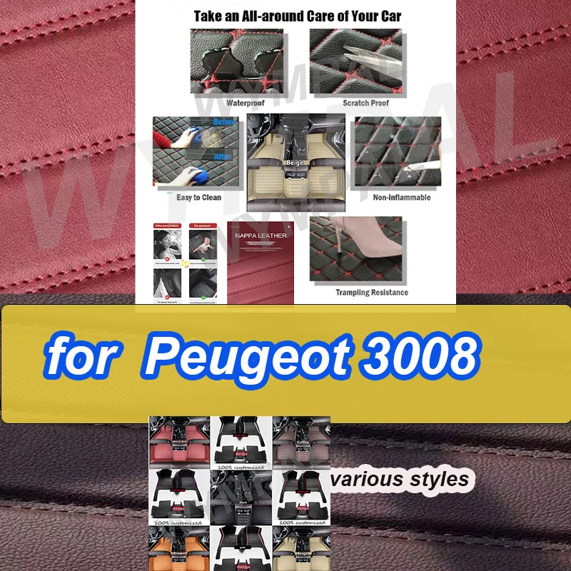 

LUXURY Car Mats For Peugeot 3008 P84 2017~2023 Leather Floor Mat Carpets Protective Pad Rugs Interior Parts