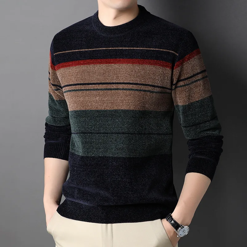 Fashion sweater Korea pria, pakaian pullover longgar leher bulat lengan panjang bergaris, kasual tebal Semua cocok