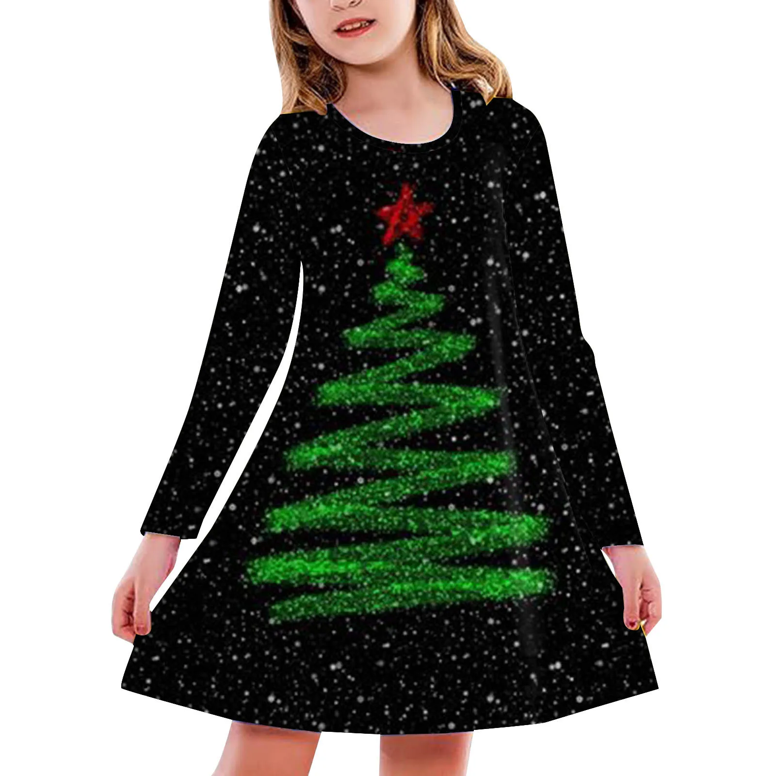 Kids Toddler Baby Girls Spring Autumn Print Christmas Ruffle Long Sleeve Dress Kids Outfit