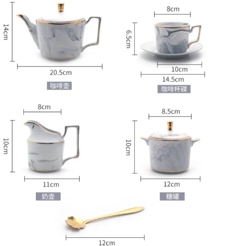 Nordic 15-piece Gold Rim Grey Pink Marble Pattern Ceramic Coffee Tea Set Ins Network Creative Bone China Tea Set Pot Cup Saucer
