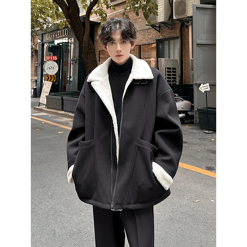 

Lamb Fur Jaet Men's Winter Thiened Biker Jaet Loose Woolen Cotton Clothes Trendy Haome Cold-resistant Cotton Coat