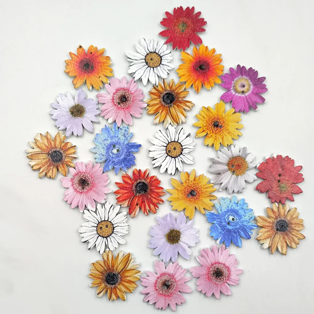 

100pcs Wooden Buttons 2 Pack White Base Chrysanthemum Shape Diy Sewing Accessories For Crafts Knitting Scrapbook Decorative