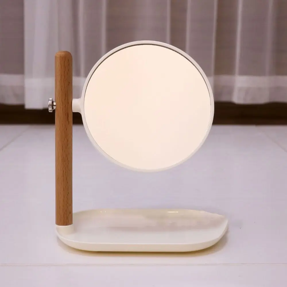 Double Sides Desktop Makeup Mirror INS Wood Stand Vanity Cosmetic Mirror Rotating with Storage Tray Table Dressing Mirror