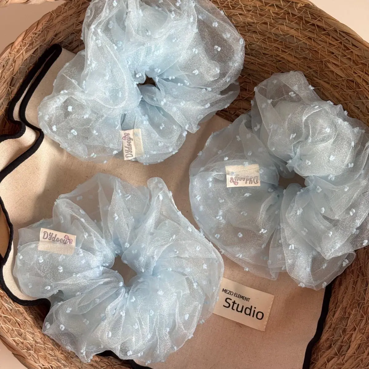 Sea Salt Blue Mesh Scrunchie Polka Dot Hair Tie for Messy Bun Ethereal Korean Style Lightweight Daily Wear   Hair Braids