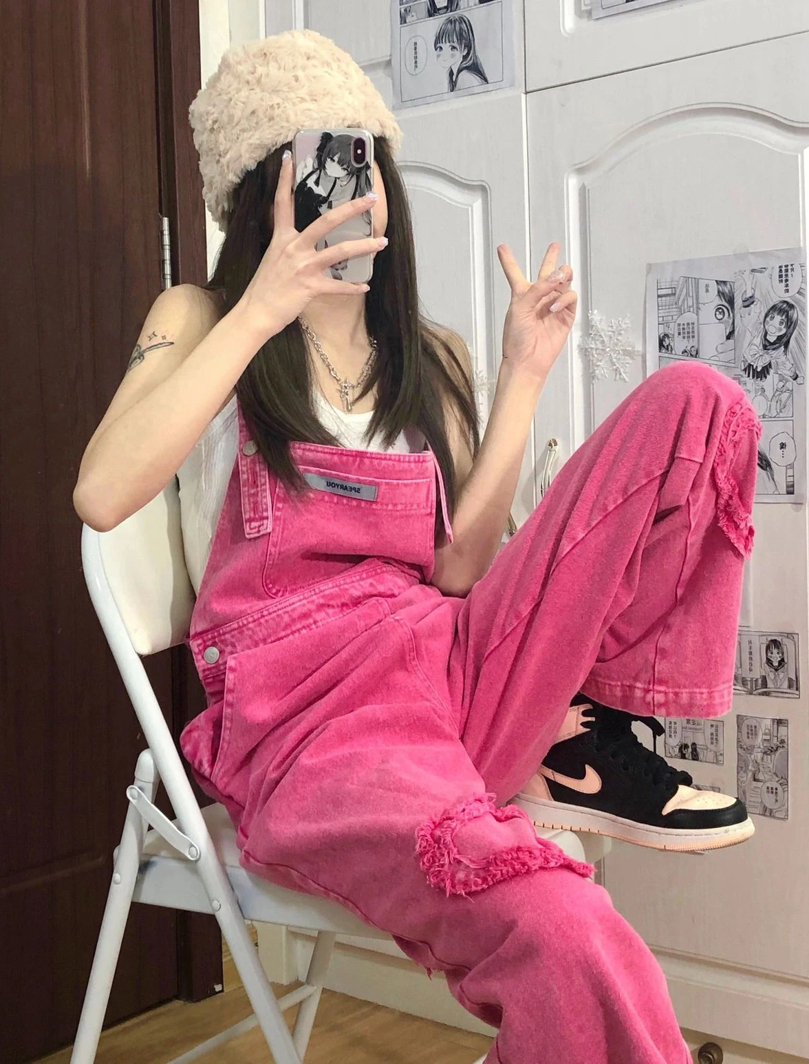 Pink Strap Jeans Women's Summer 2023 New Loose Retro Slim Straight Trousers Wide-Leg Long Trousers rompers womens jumpsuit