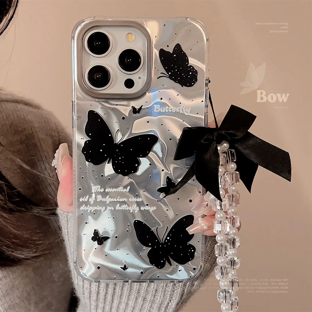 

Water Ripple Black Butterfly Phone Case with Crystal Beaded Chain for iPhone 16 15 14 Pro Max Shockproof Protective Cover