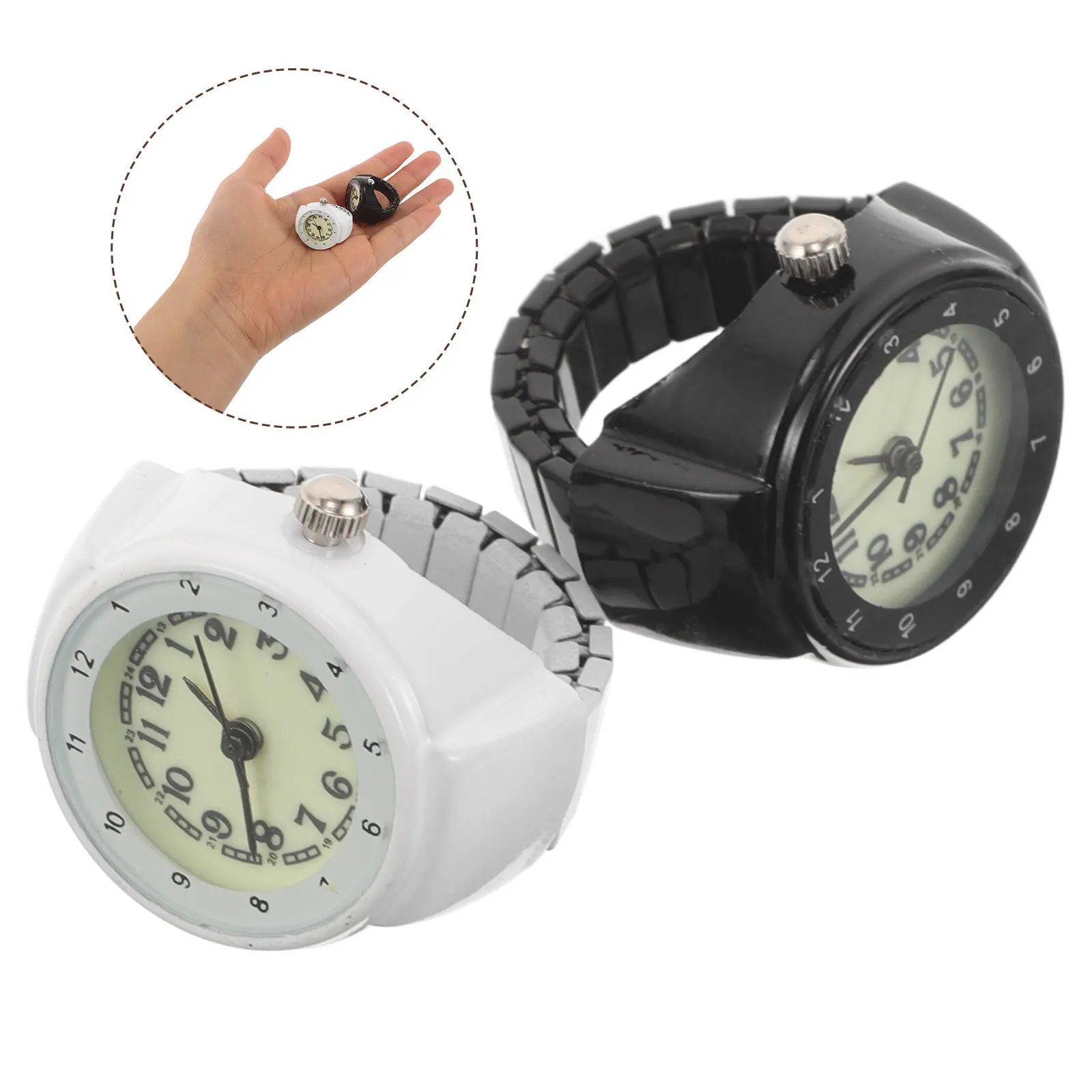 2Pcs Luminous Finger Ring Watch Stainless Steel Clock Ring Retro Glow in Dark Arabic Numeral Dial Unisex Stretch