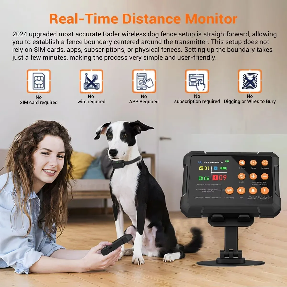 New 3 in1 High Precision Radar Real-Time Distance Monitoring Pet Wireless Fence System Up to 1 Acre, Dog Training Shock Collar