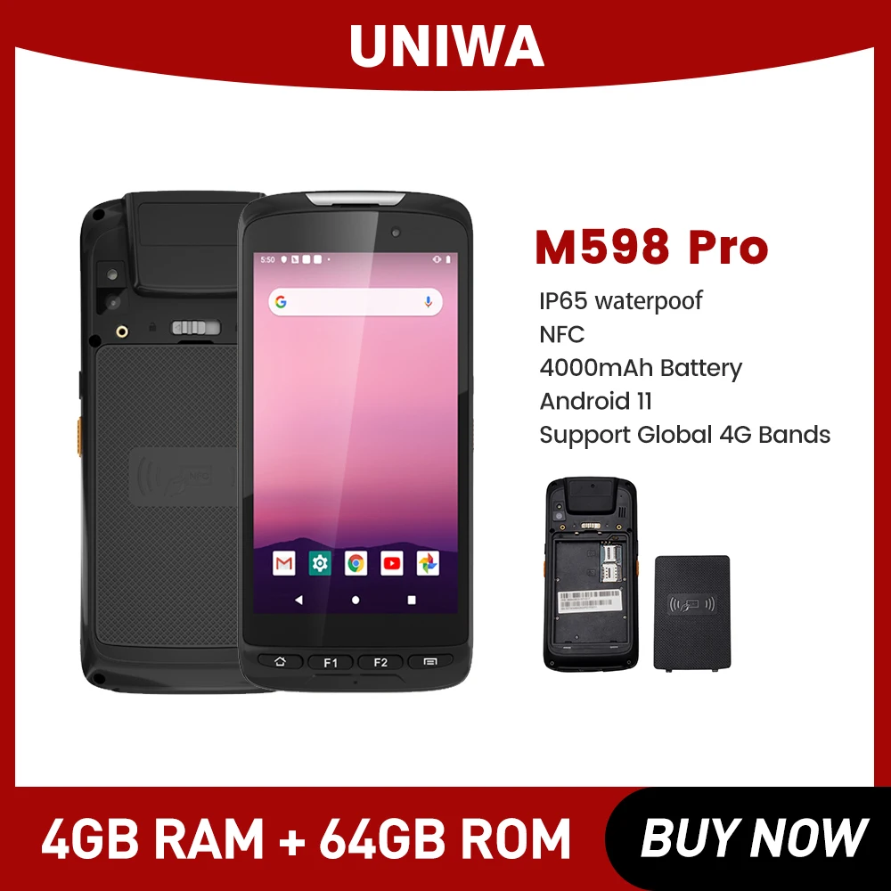 UNIWA-สมาร์ทโฟน Android 11 กันน้ํา,เครื่องสแกนบาร์โค้ด,Android 11, IP65, PDA, NFC ในตัว, 4000mAh, 2D, M598 Pro