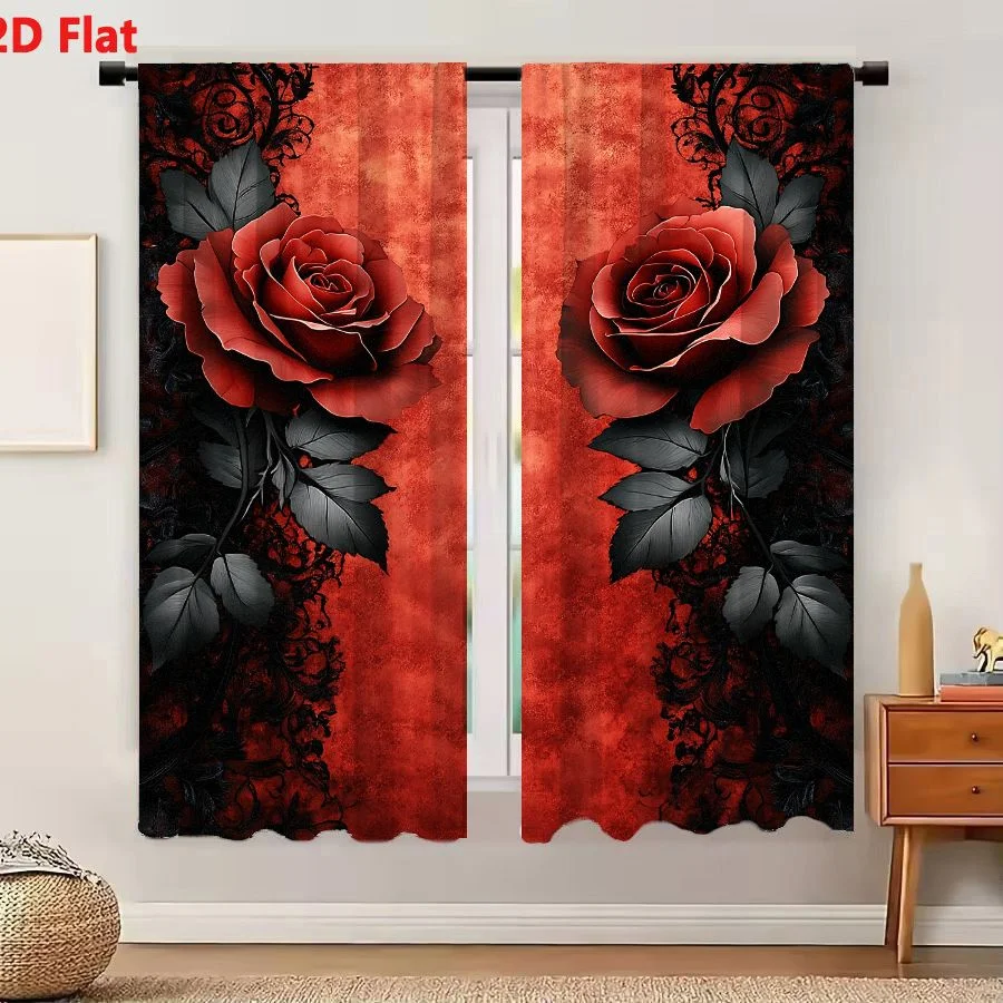 2Pcs Curtains 2D Flat Symmetrical Gothic Roses With Black Lace Filigree On Textured Deep Red Background Window Drapes for Bedroo