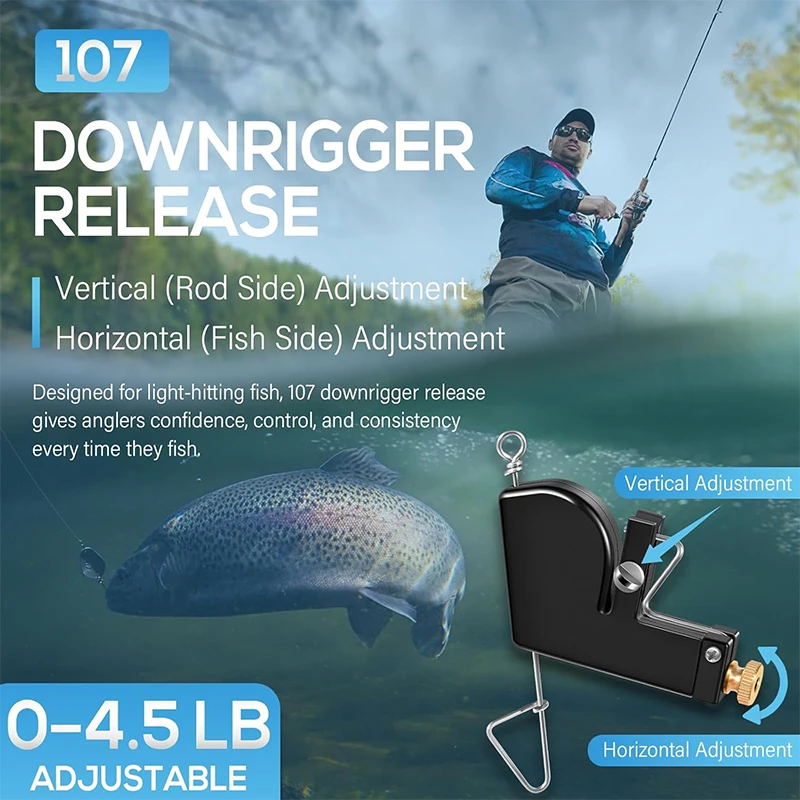 107 Downrigger Release, Adjustable 0–4.5 lb Tension, Vertical & Horizontal Adjustments, for freshwater and saltwater fishing