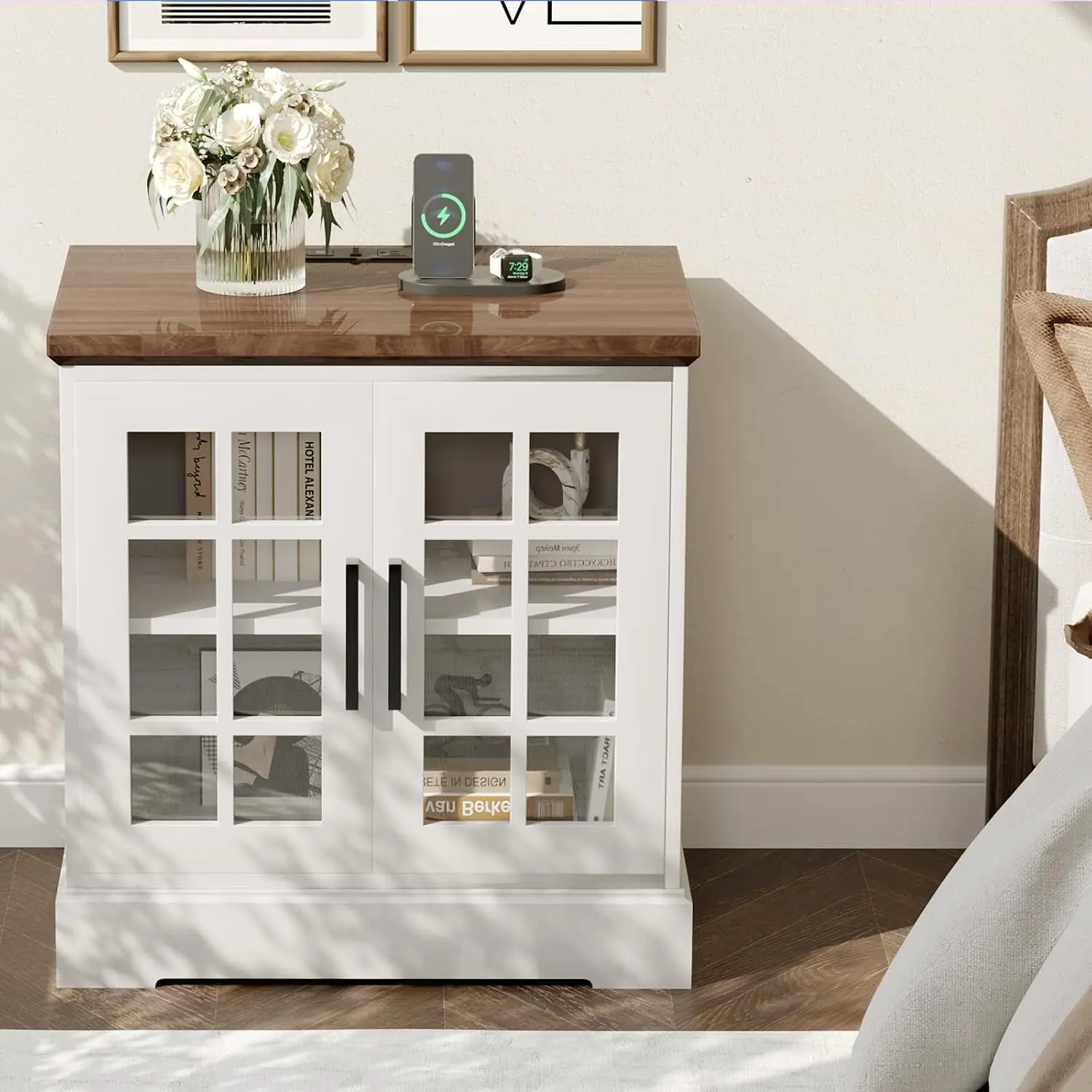 Garvee Farmhouse End Table with Charging Station 24Inch Large Sofa Side Table with Grid  Tempered Glass Doors  Nightstand with Adjustable Storage Shelf for Living Room, Bedroom