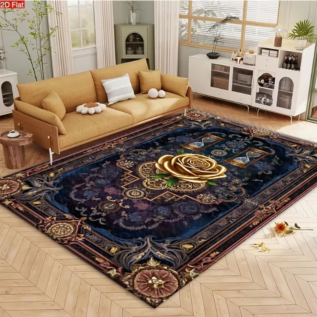 Vintage Golden Rose Hourglass Shape Ornate Frame Carpet, Retro Gothic Non-Slip Carpet, Suitable for Living Room Bedroom Home Decoration