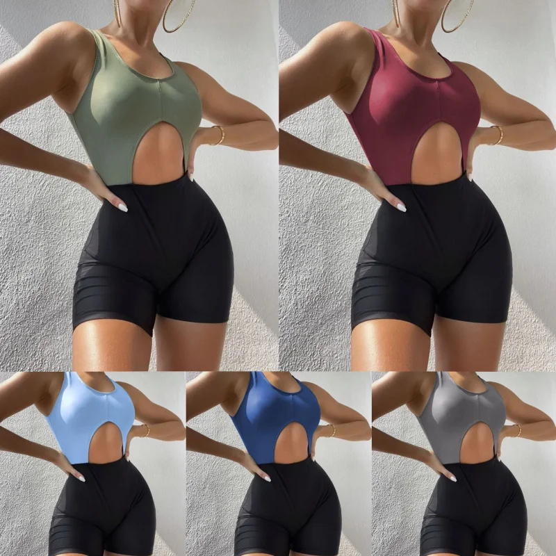 New solid color patchwork hollow-out one-piece swimsuit bikinibikini