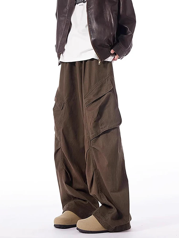 

Американские ретро деконструированные сложенные многоэтажные рабочие брюки десантника мужские модный дизайн свободные повседневные широкие длинные брюки