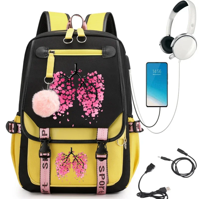 Sakura Hanahaki Pulmões Mochila para meninas, bonitos sacos escolares para estudante, mochila escolar impermeável para adolescente, muitos bolsos