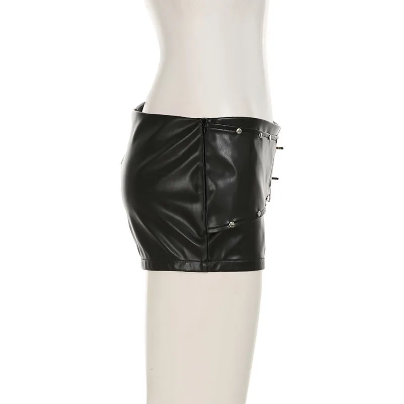 Women Black Gothic Emo Y2K Mini Shorts Sexy Wide Belt Leather Short Pants Low Waist Bodycon Shorts Micro Boot Short Summer 2026