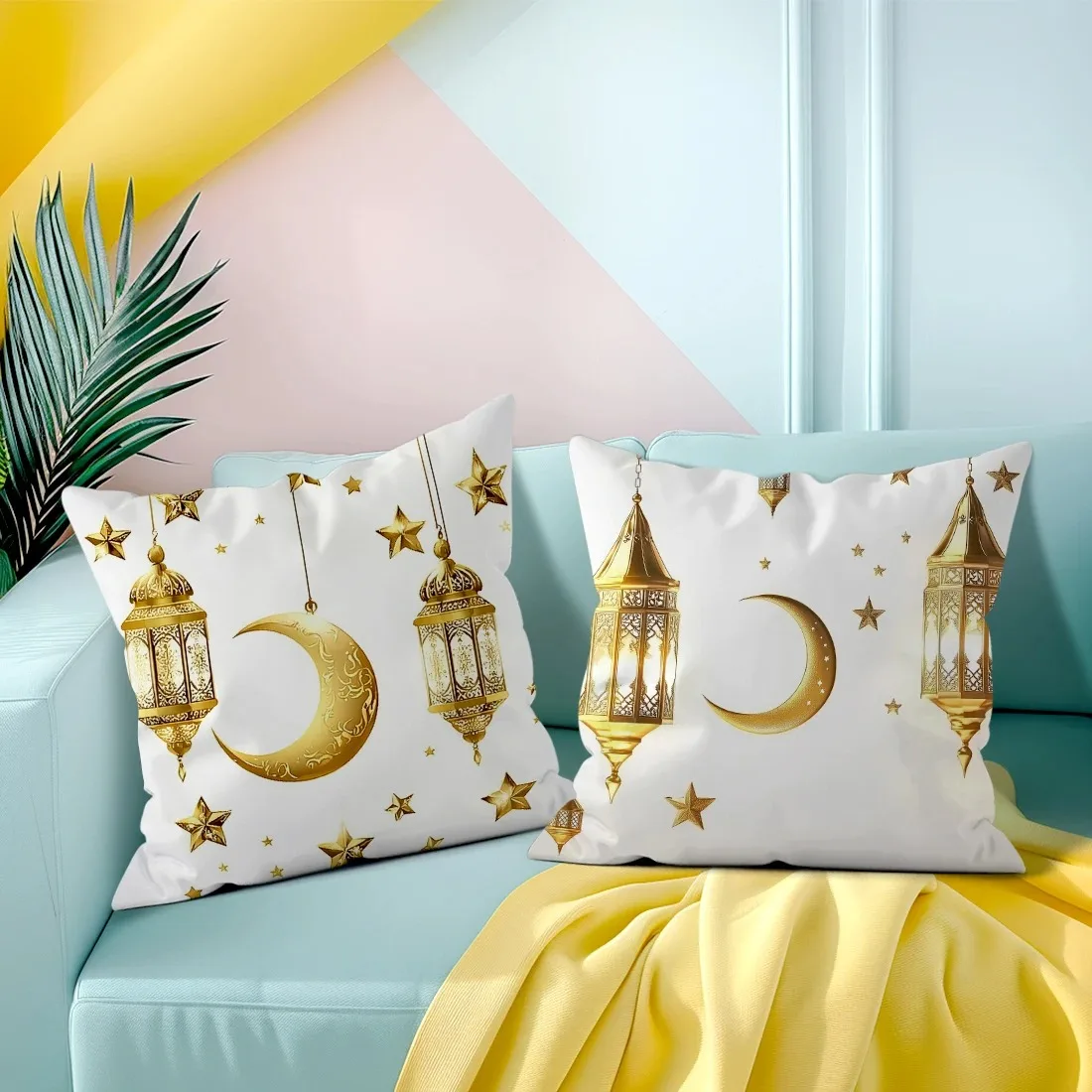 1pcs Ramadan decoration pillow cover Golden fasting lamp Crescent moon pattern printing Sofa cushion cover home room decoration