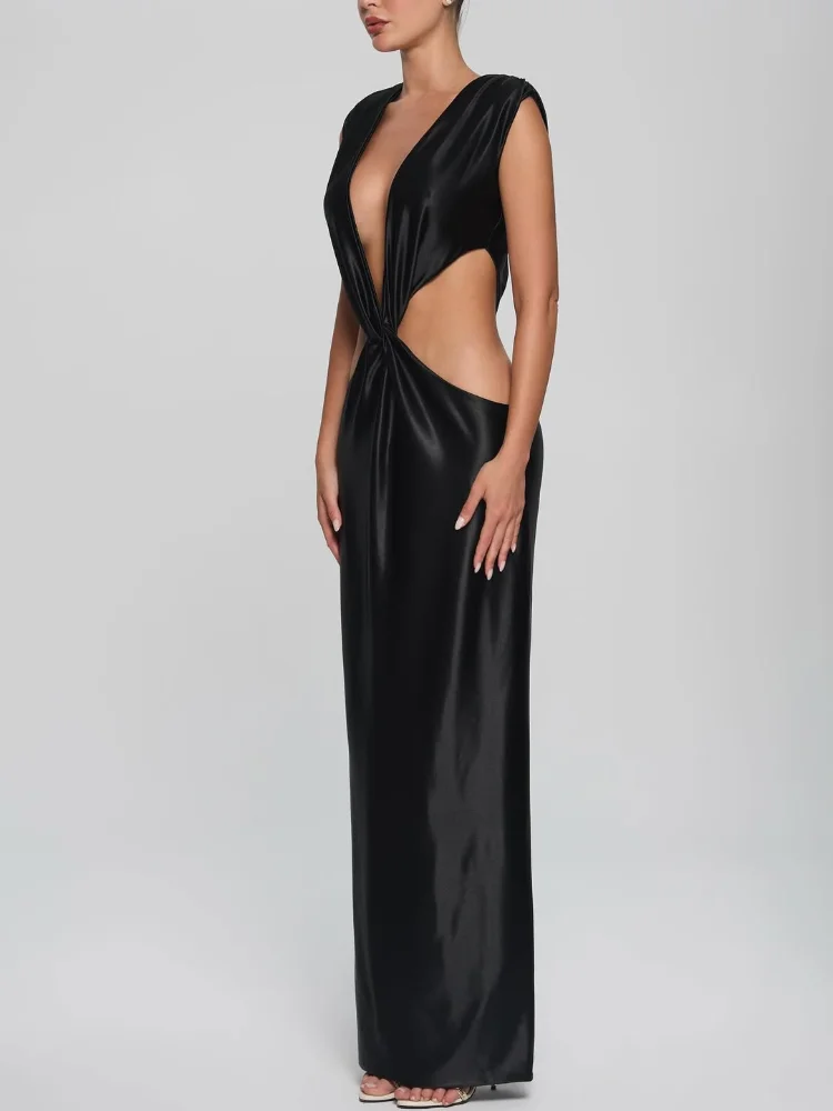 Chic cetim oco para fora maxi vestido feminino sem mangas sem costas profundo decote em v plissado estilingue vestidos 2026 senhora vestidos de festa à noite