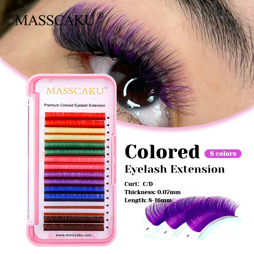 

New Style MASSCAKU 8-15mm Single Size Multi-texture Rainbow Color Classic Volume Lash Korean PBT Fiber Mix Color Regular Lashes