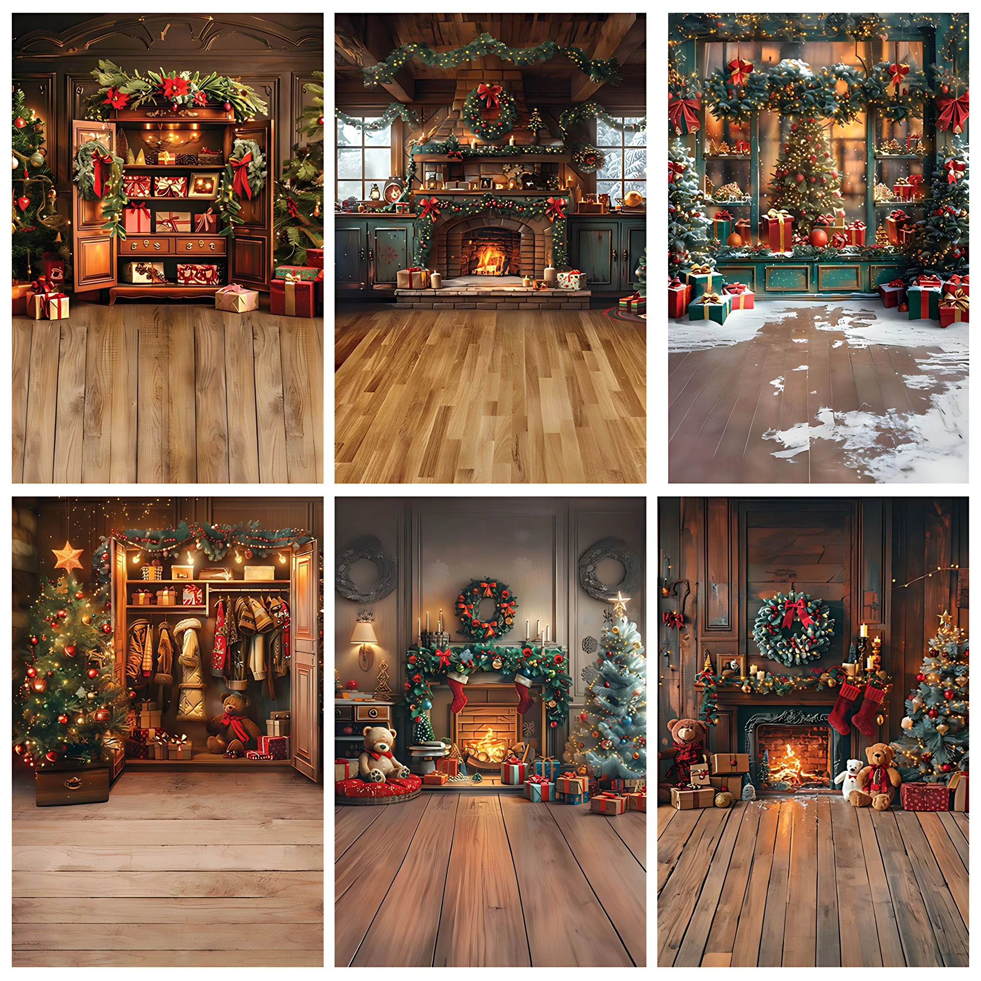 Vertical Christmas Photography Background Indoor Fireplace Fire Christmas Tree Candle Gifts Bell Wreath Decoration Photo Studio