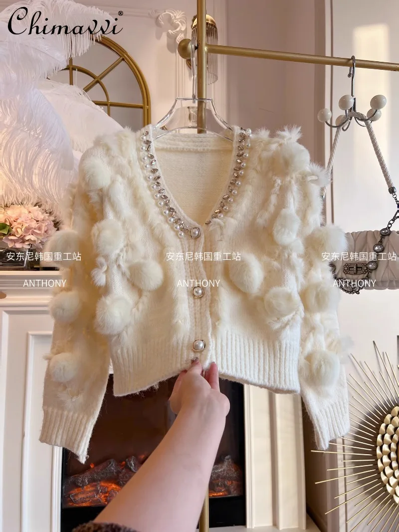 

Autumn Heavy Industry Diamond-encrusted Hairball Design Sense Loose V-neck Temperament Versatile Short Knitted Sweater For Women