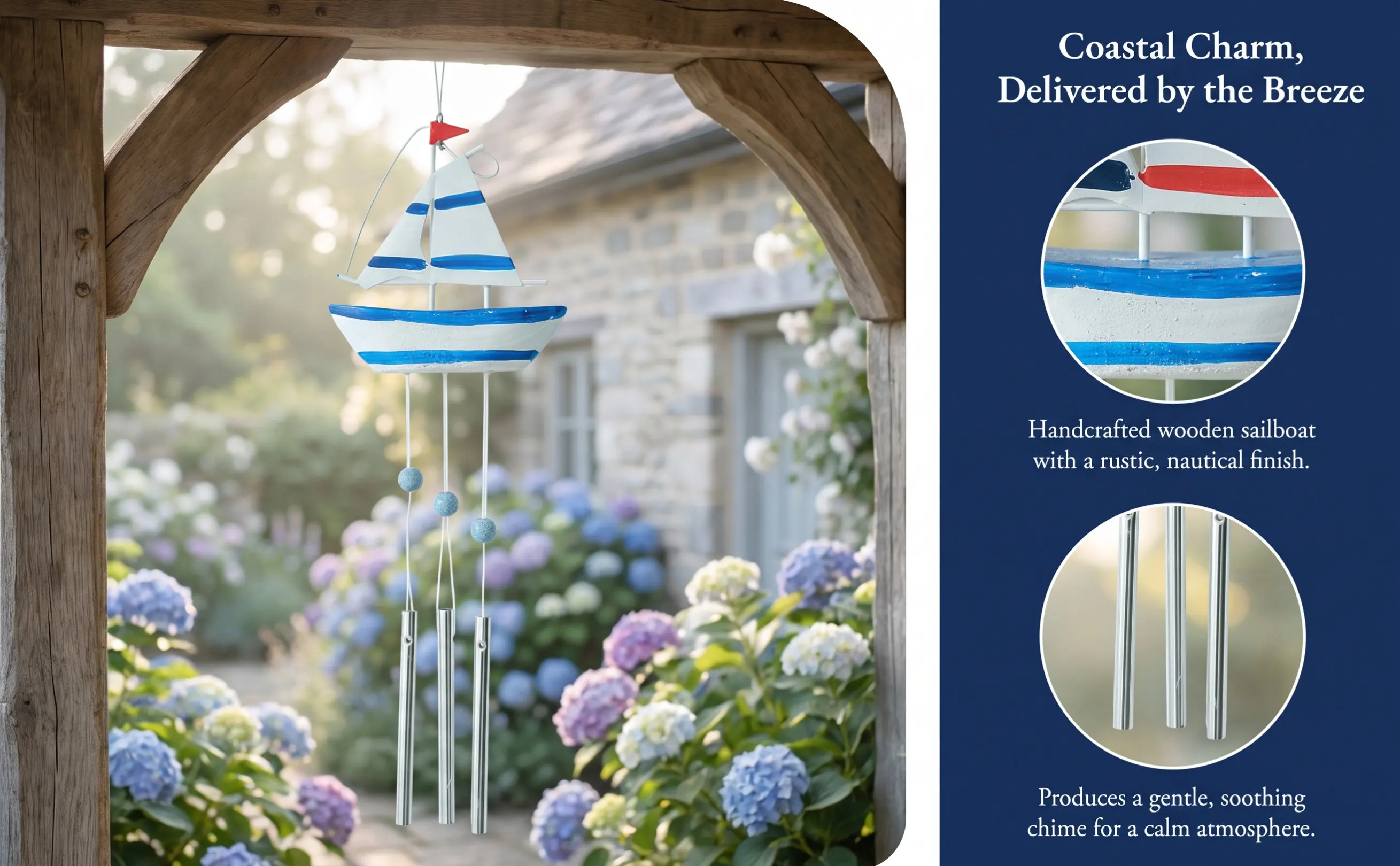 2Pcs Handmade Wooden Sailboat Wind Chimes Nautical Beach Theme Garden Hanging Ornament Outdoor Patio Balcony Mediterranean Decor - view 6