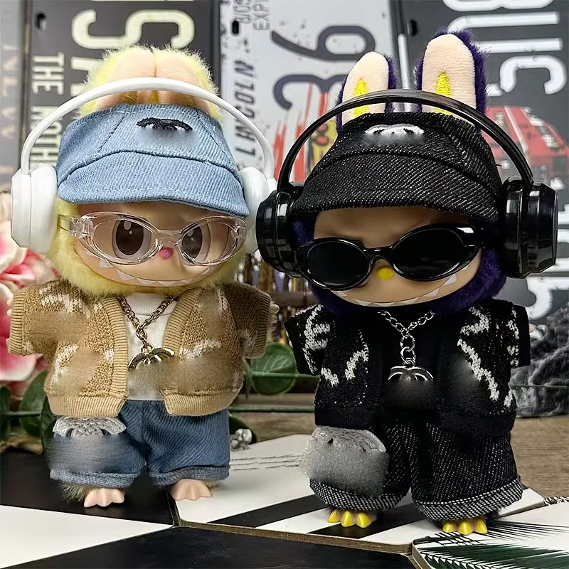 17 سنتيمتر ملابس دمى الدائمة قلادة Labubu دمية استبدال مجموعة لطيف قوس قزح أعلى بالإضافة إلى قبعة الوردي مناسبة لمجموعة ملابس Labubu