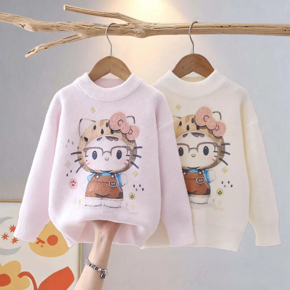 

Sanrio Hello Kitty Autumn and Winter Girls' Sweater New Style Children's Style Thickened and Velvet Cartoon Bottoming Shirt