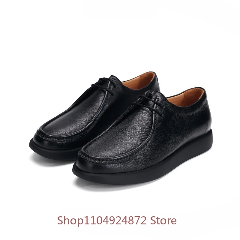 Designer Fashion Genuine Leather Lace‑up Casual Shoes Men's Thick Platform Sole Stitching Business Comfort Walking Dress Shoes