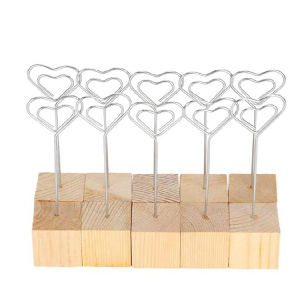 10 PCS Photo Clip Holder Metal Heart Wood Place Card Holders Note Clip Stand for Wedding Table Numbers Sign