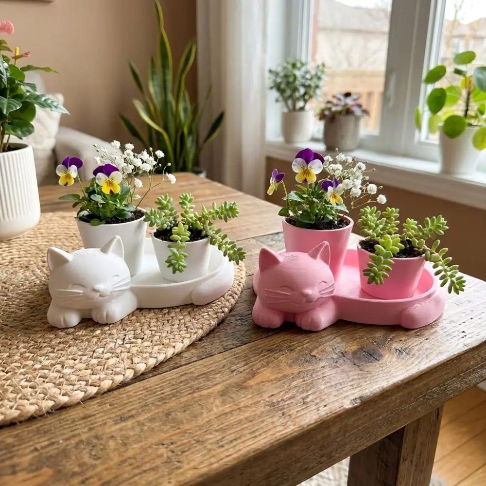 3D Printed Cat-Shaped Flower Pot Lazy Cat Cute Animal Kitten Desktop Planter Novelty Lifelike Succulent Vase Gardening Gift