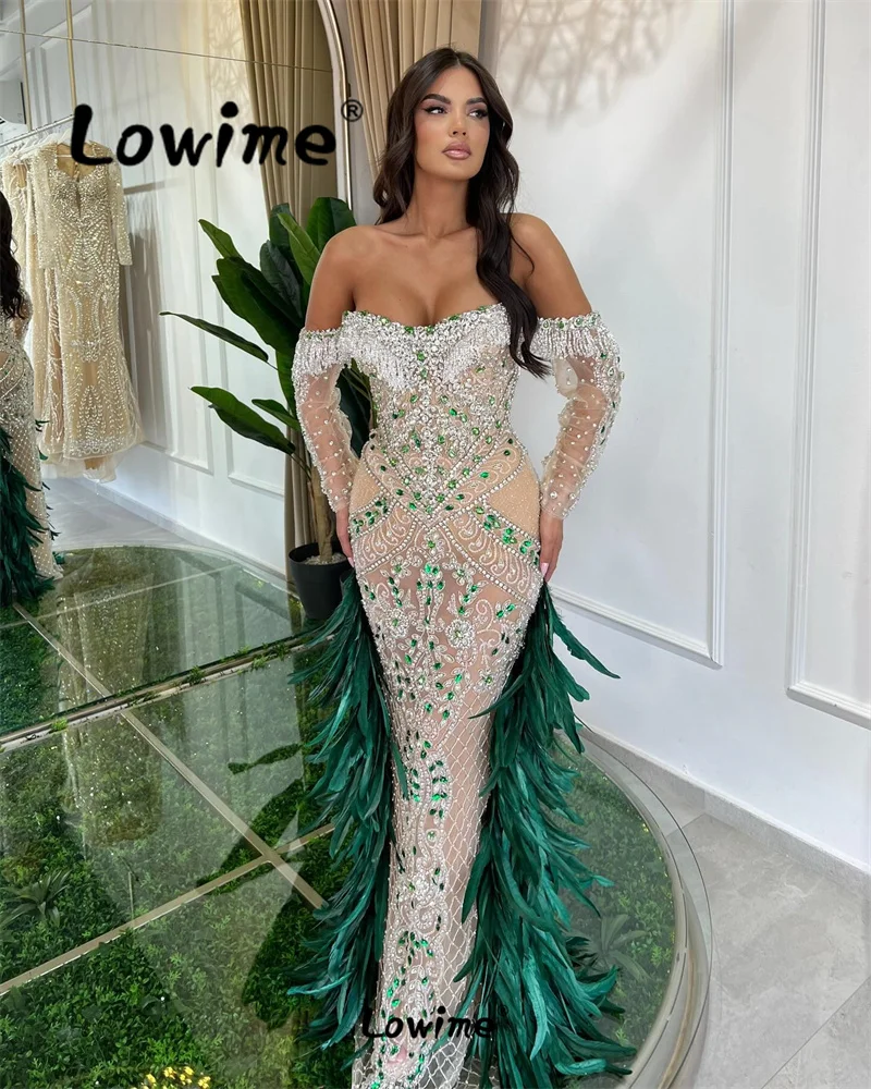 Luxury Green Feathers Mermaid Prom Dress Off Shoulder Crystals Celebrity Dresses Aso Ebi Women Evening Gowns Wedding Party Dress