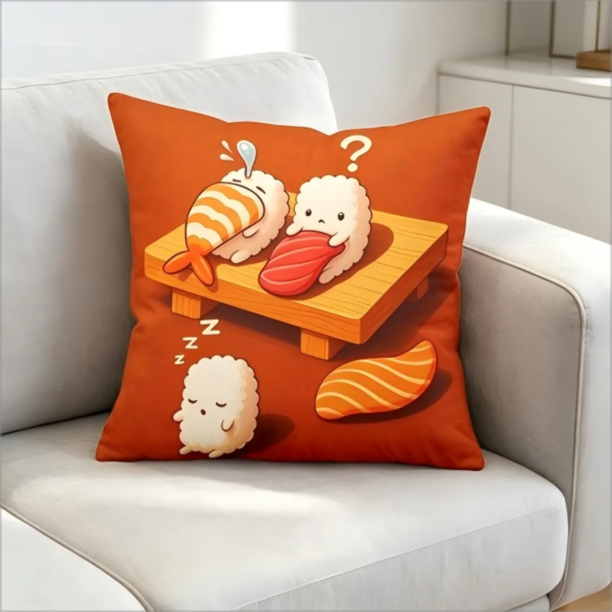 Cute Cartoon Sushi Print Throw Pillow Cover, Kawaii Japanese Food Decorative Cushion Case for Sofa Bedroom