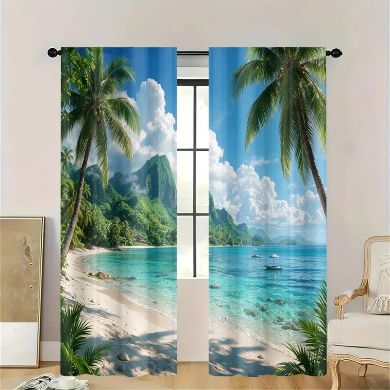 Tropical Beach Palm Tree Curtain Semi-Sheer Window Drapes Coastal Ocean View Light Filtering Curtains Tropical Paradise Bathroom