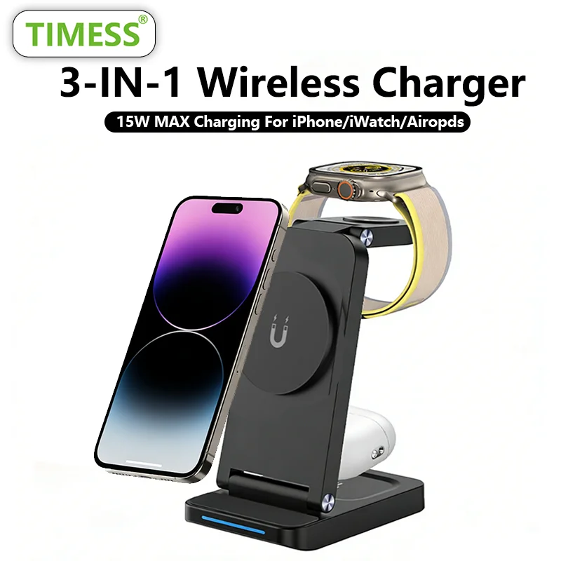 

Беспроводное зарядное устройство TIMESS для iPhone 17, 16, 15, 14 PRO MAX, Apple Watch Series 10-1, AirPods Pro. Зарядная станция-подставка 3-в-1.