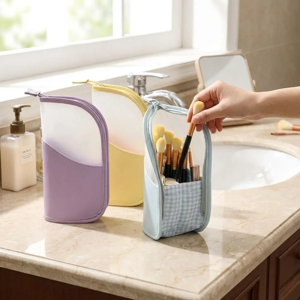 Waterproof Toothbrush Toiletry Pouch Clear Zipper Closure Portable Beauty Holder Vertical Large Capacity Makeup Brush Case