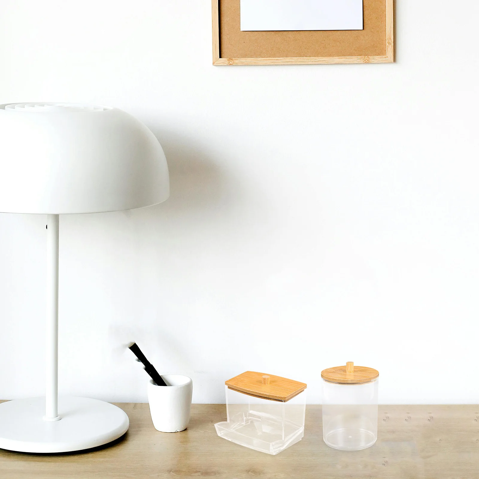 

Cotton Swab Holder Organizer Clear Makeup Pads Dispenser Bamboo Lid Small Bathroom Storage Box Toothpicks Holder