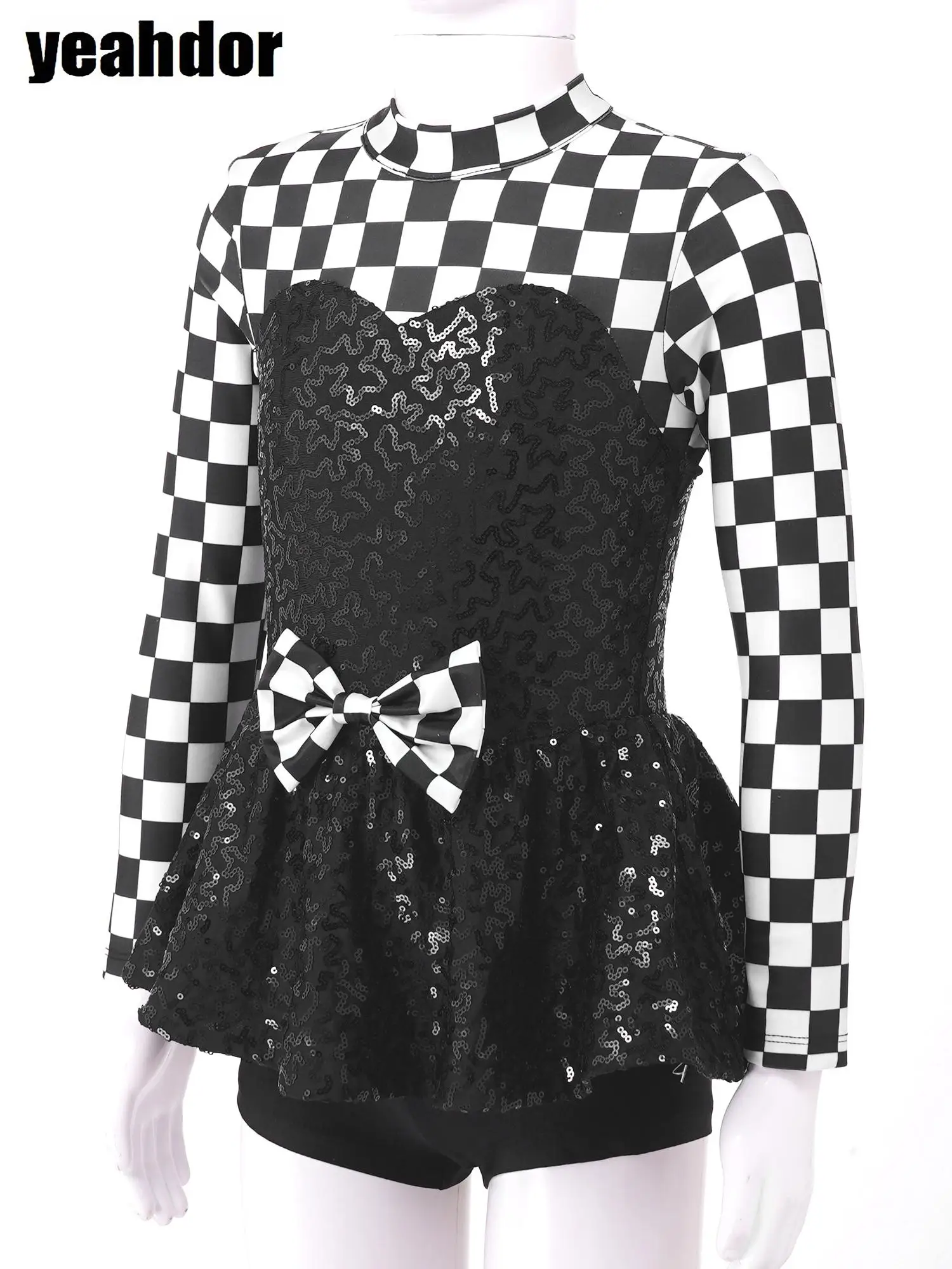 

Girls Racer Costume Long Sleeve Sequin Jumpsuit Checkerboard Print Gymnastics Leotard Bdysuit Halloween Cosplay Driver Costumes