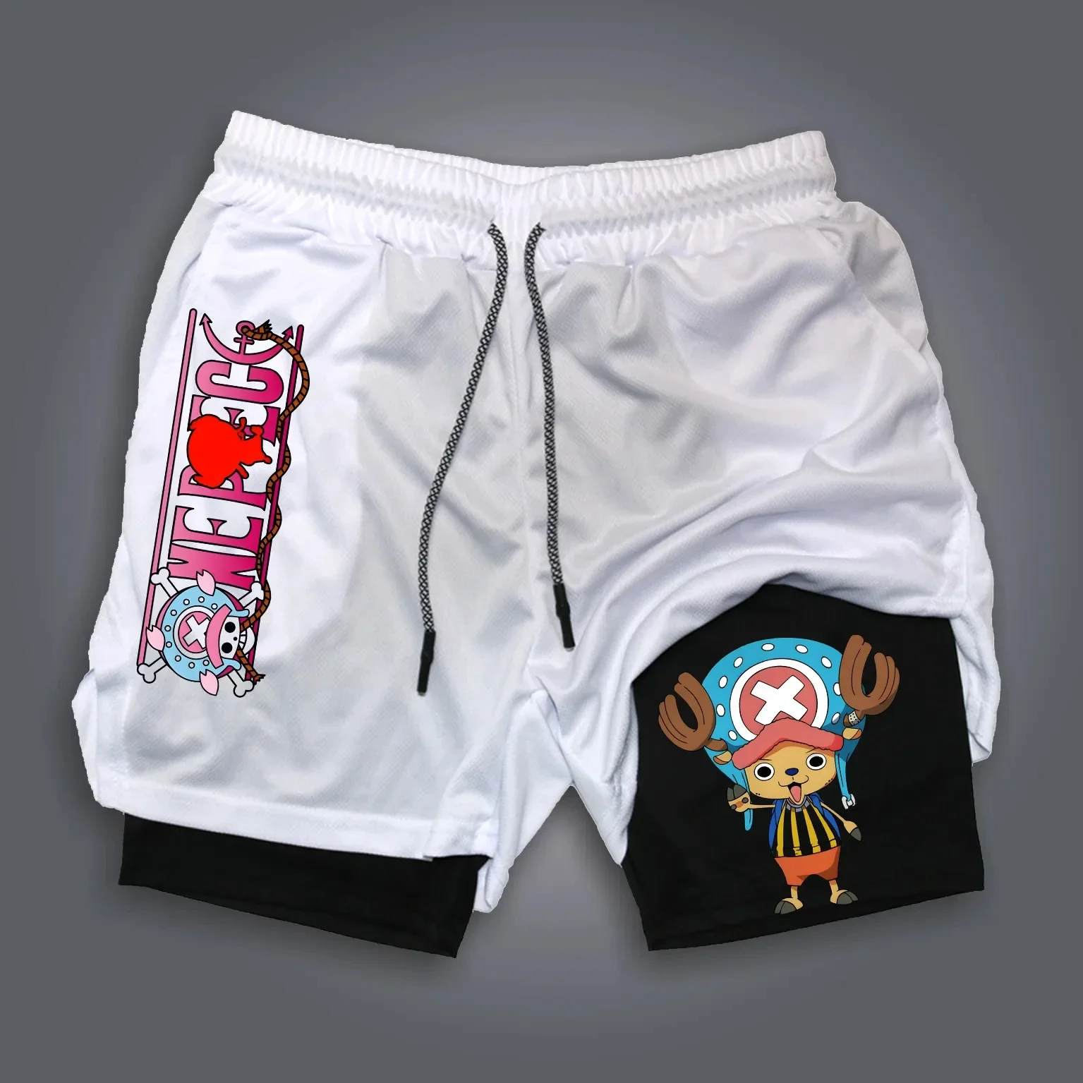Uma peça anime luffy sauron periférico impresso shorts duplos masculino 2025 verão americano solto esportes calças respiráveis