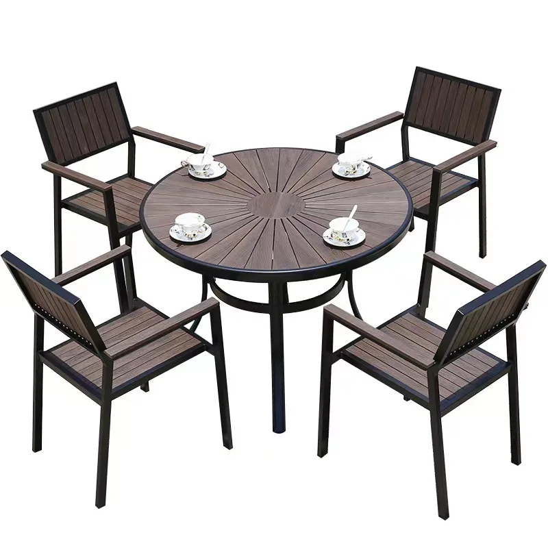 Outdoor plastic wood tables and chairs combined with anti-corrosive wood three-piece set, outdoor waterproof and sun protection,