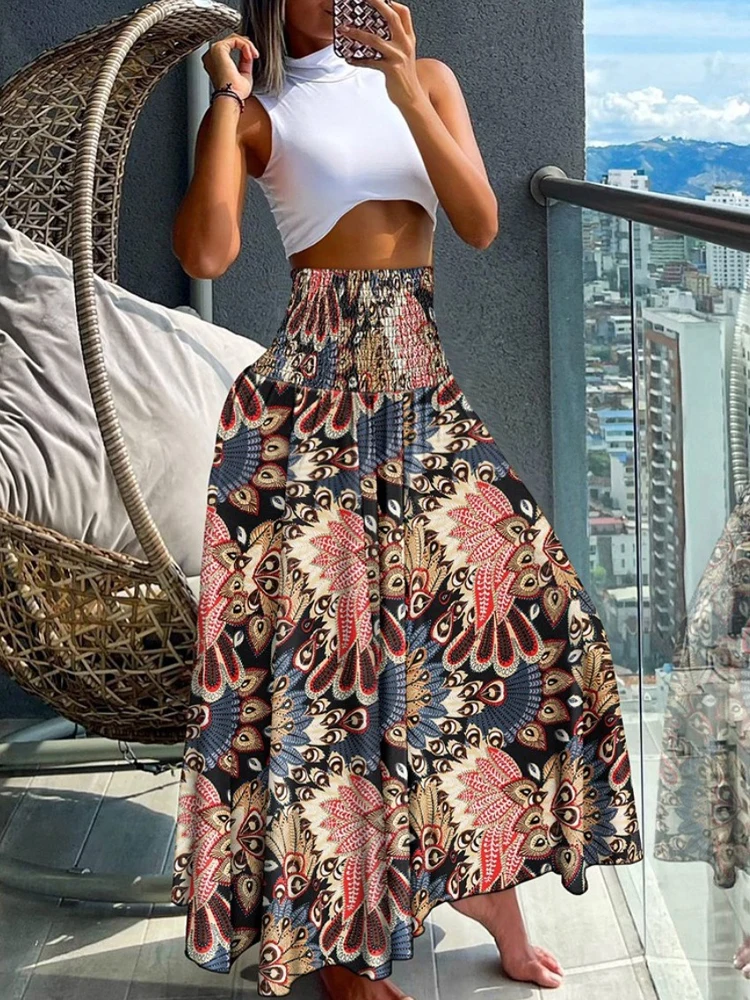 Boho-Druckröcke für Frauen 2024, Sommer, lässig, elastisch, hohe Taille, A-Linie, große Schaukel, langes Kleid, Urlaub, Strand, Party, Rock, Robe