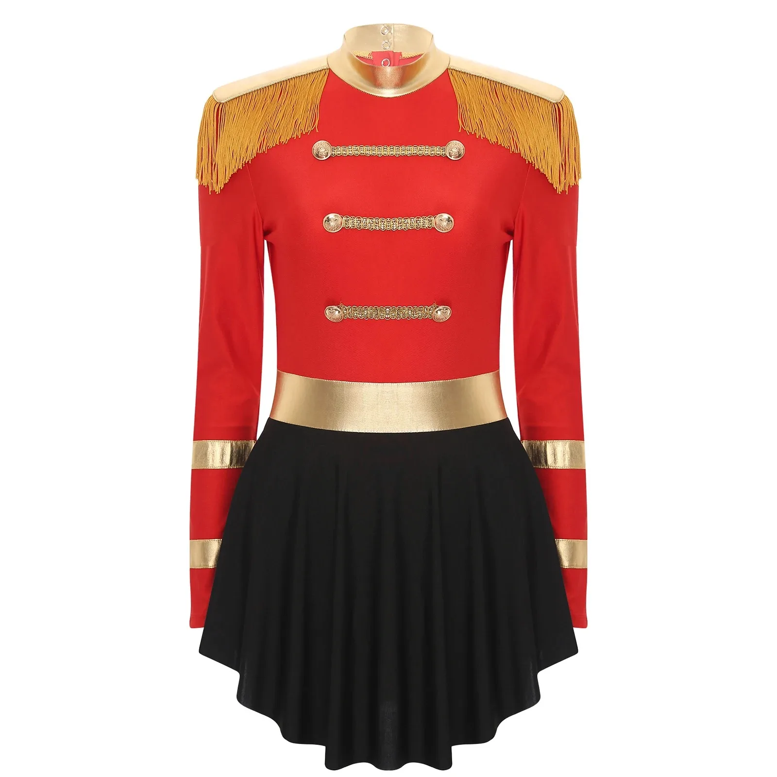 Red Womens Circus Cosplay Costumes Ringmaster Bodysuit Dress Fringe Shoulder Boards Keyhole Long Sleeve Dress