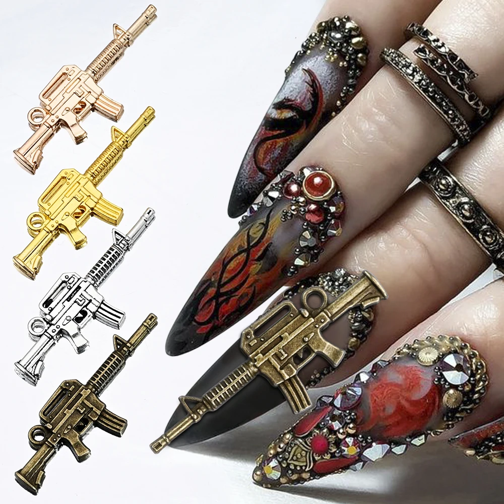 3D Alloy Pistol Nail Charms Luxury Gun Shape Shiny Multicolor Nail Art Decorations Press on Salon Acrylic Manicure Decor Tools #