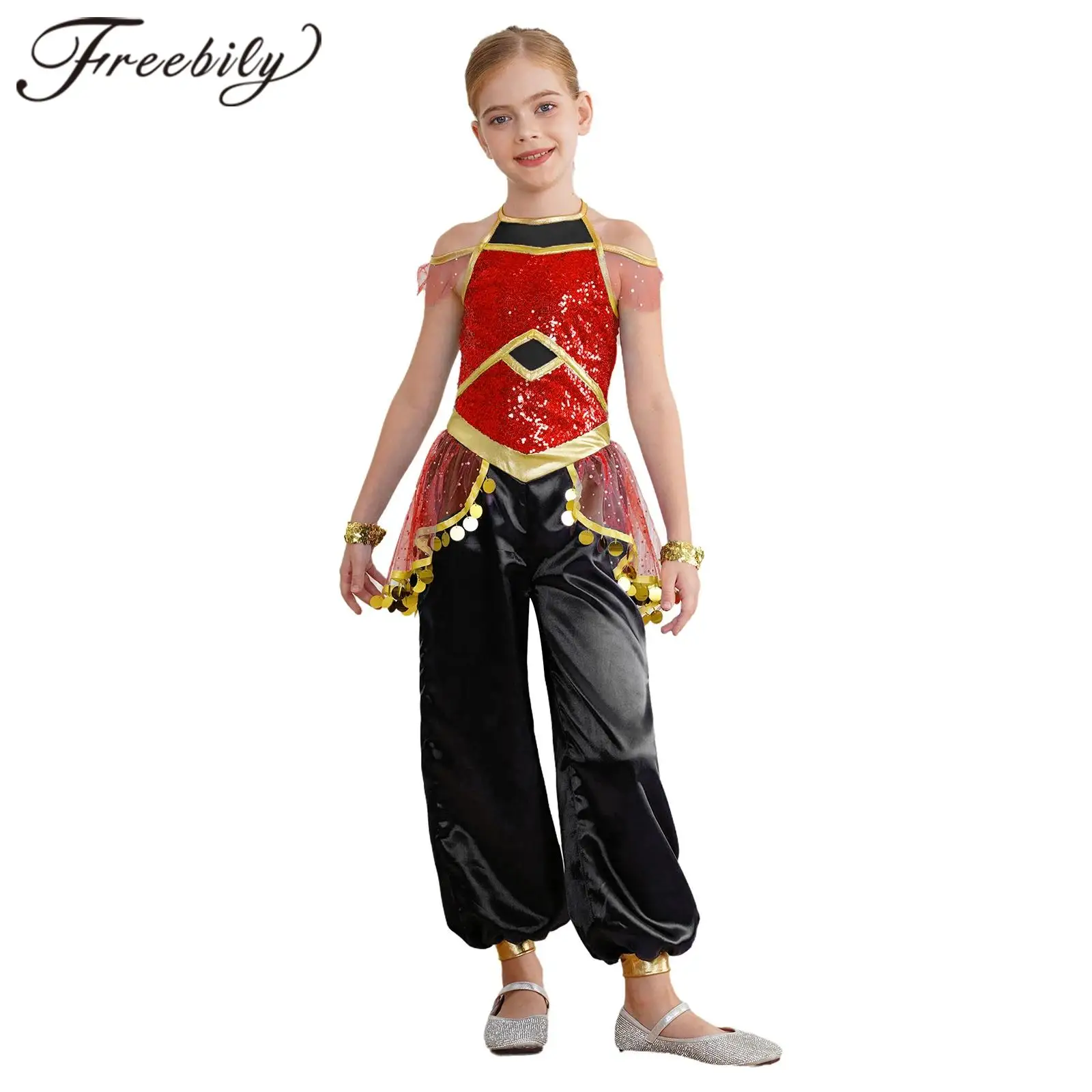 

Girls Dance Jumpsuits Arabian Princess Sequins One Piece Children Christmas Party Indian Belly Dance Stage Performance Clothes
