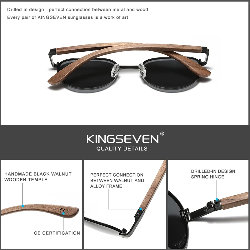 KINGSEVEN Round Walnut Wooden Sunglasses For Men Polarized UV400 Protection Lens Retro Eyewear Women Handmade Vacation Glasses