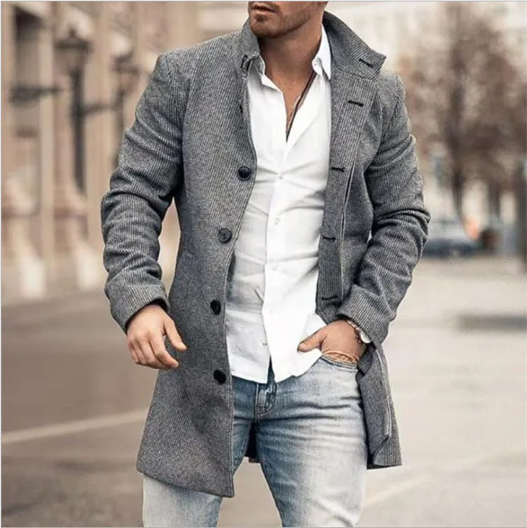 Autumn And Winter Men's Woolen Stand-up Collar Medium And Long Pocket Casual Coat