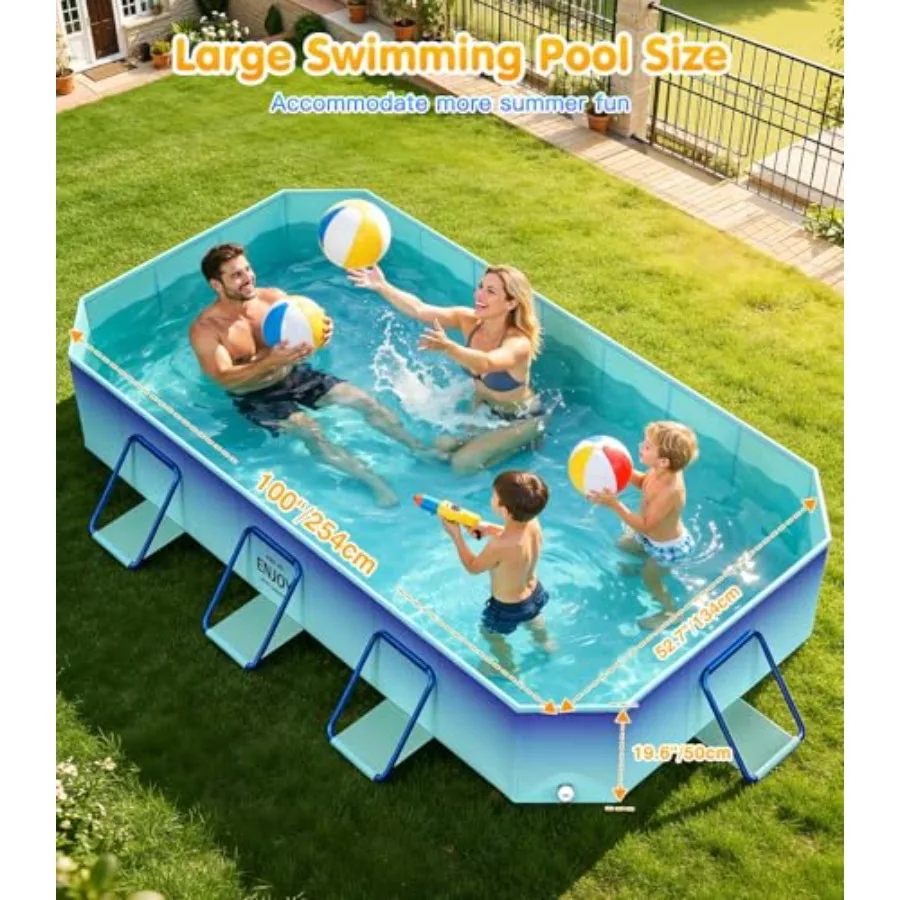 Foldable Pool for Adults,Steel Frame Non-Inflatable Swimming Pool, Glacial Blue, Rust-Resistant Quick-Setup for Backyard, Garde