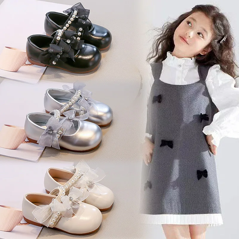 Girls Princess Shoes Spring Autumn New Bow Pearl Rhinestone PU Leather Shoes Fashion Soft Sole Mary Jane School Student Loafer